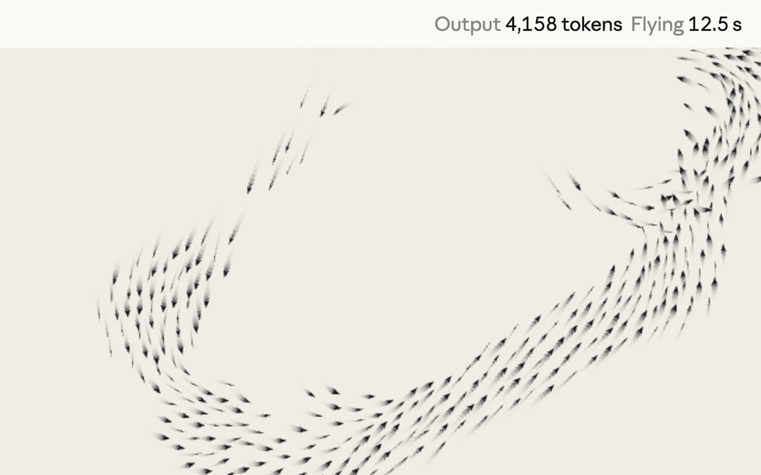 The starling murmuration render produced by Sonnet 5.5, with an overlay reading Output 4,158 tokens, Flying 12.5 s