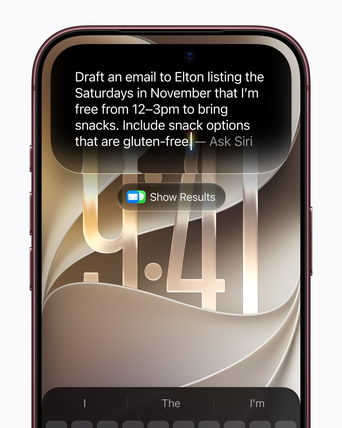 iPhone screenshot of a typed Siri AI request: draft an email listing free Saturdays in November, with gluten-free snack options