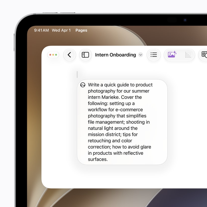 iPad Pages screenshot with a Siri AI prompt box writing an internship onboarding guide from a single paragraph of instructions