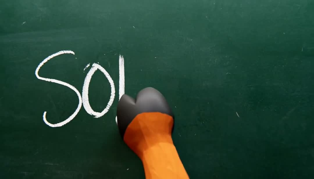 Sol-H3 generated video still: robot arm writing Sol on a chalkboard