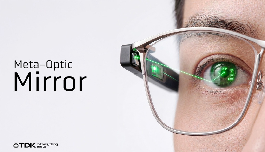 TDK promotional render of meta-optic mirror glasses with a visualized green light path