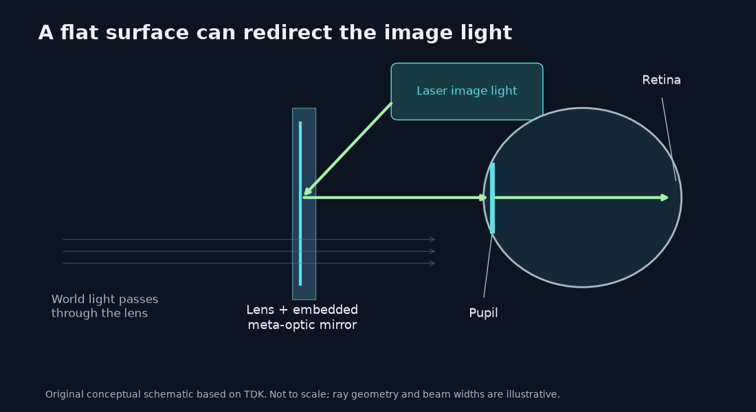 Original conceptual diagram showing laser light redirected by an embedded mirror toward the retina