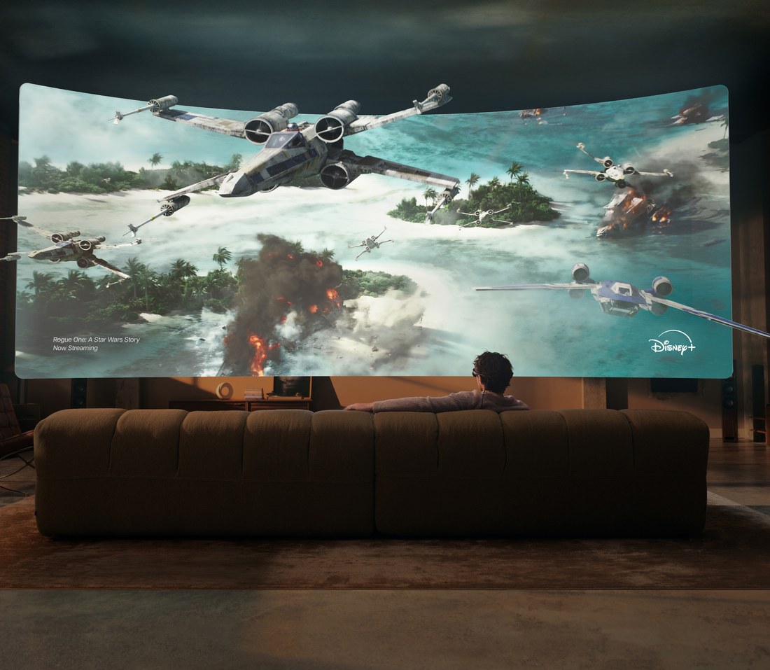 Meta promotional image showing a large virtual cinema screen streaming a Star Wars film with the room reacting around it