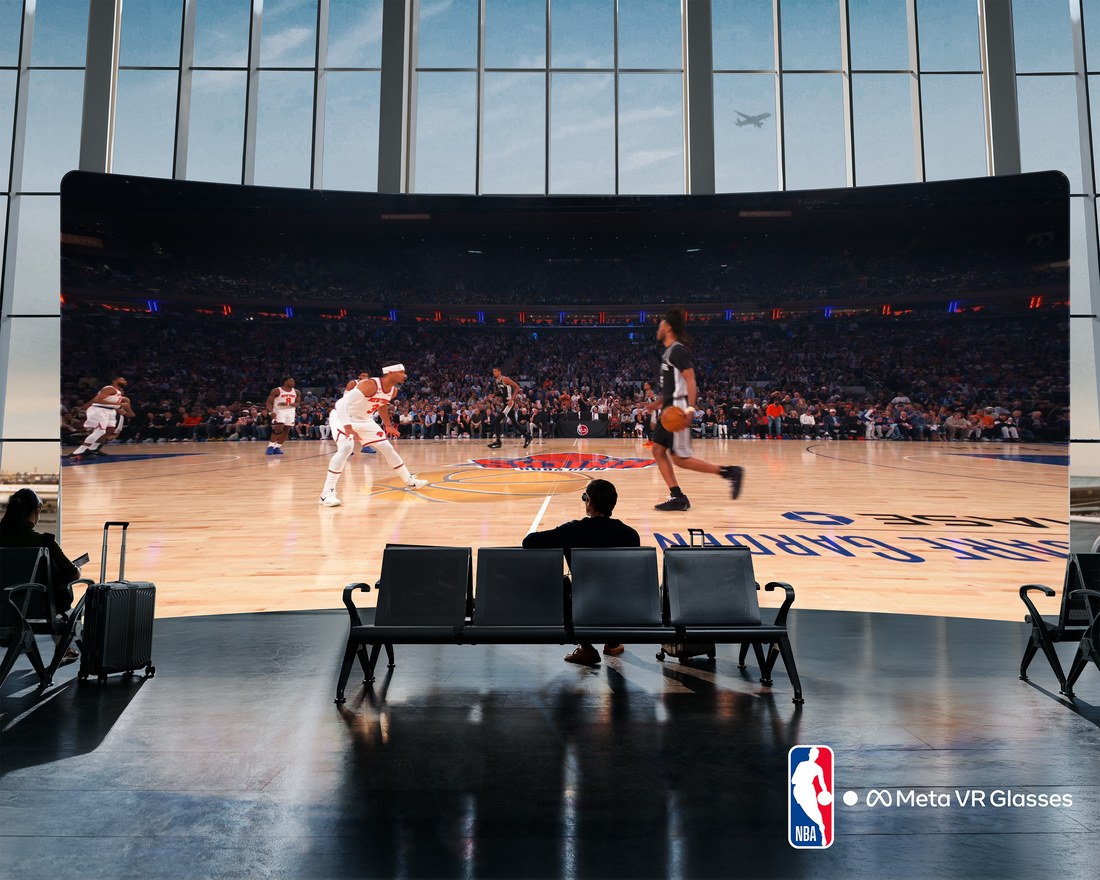 Meta promotional image of an immersive NBA courtside view shown on a large virtual screen in an airport lounge