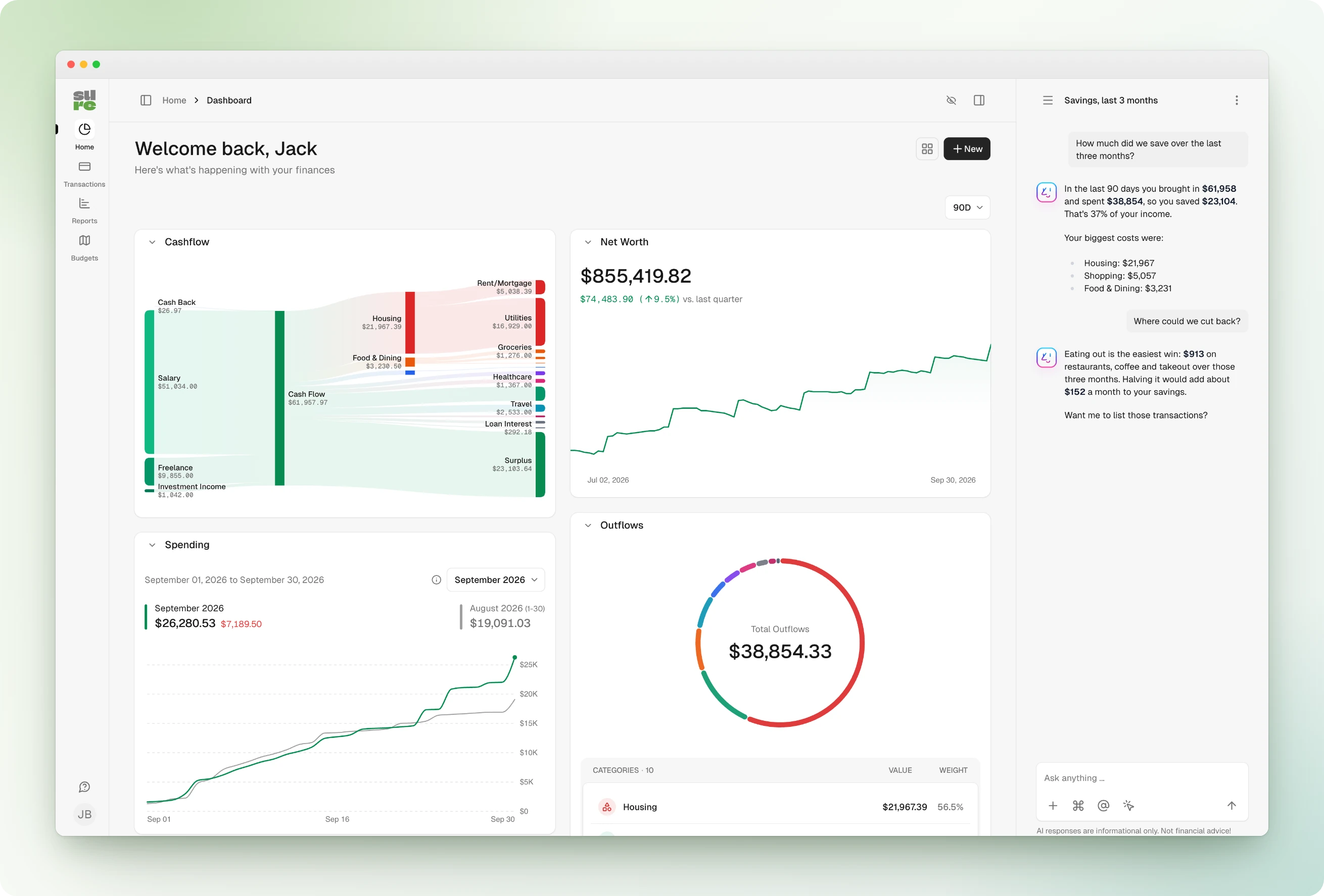 The Sure dashboard in two columns (cashflow, net worth, spending and outflows) beside the AI assistant answering a question about savings