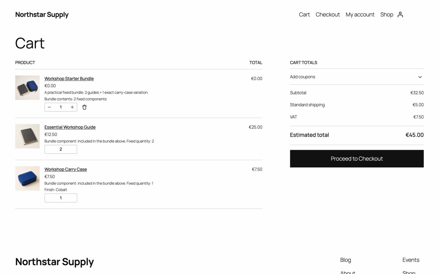 WooCommerce cart showing a fixed product bundle with native component cart lines