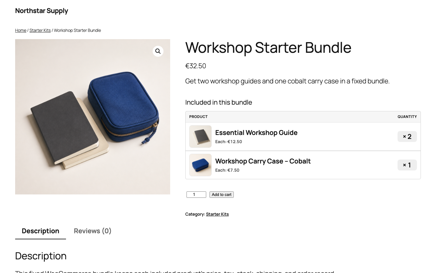 Free WooCommerce product bundles plugin showing a fixed kit with product thumbnails, prices, and quantities