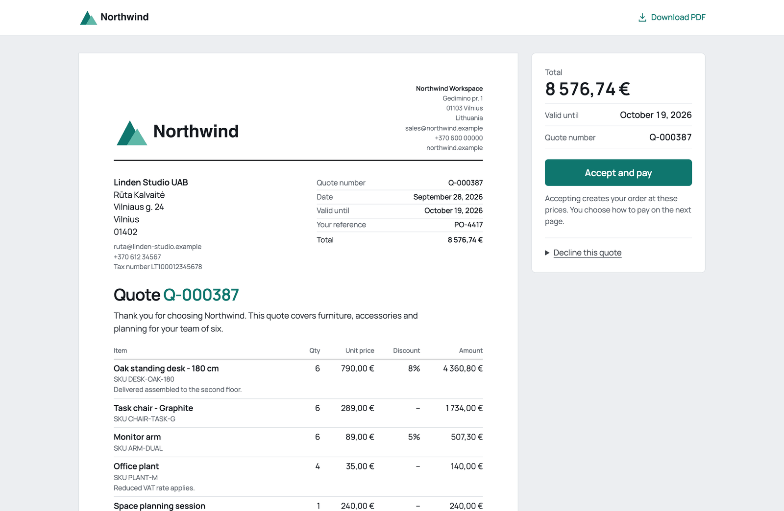 The quote page your customer sees, with the total and an Accept and pay button