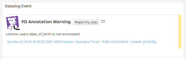 Screenshot of Datadog Event alert