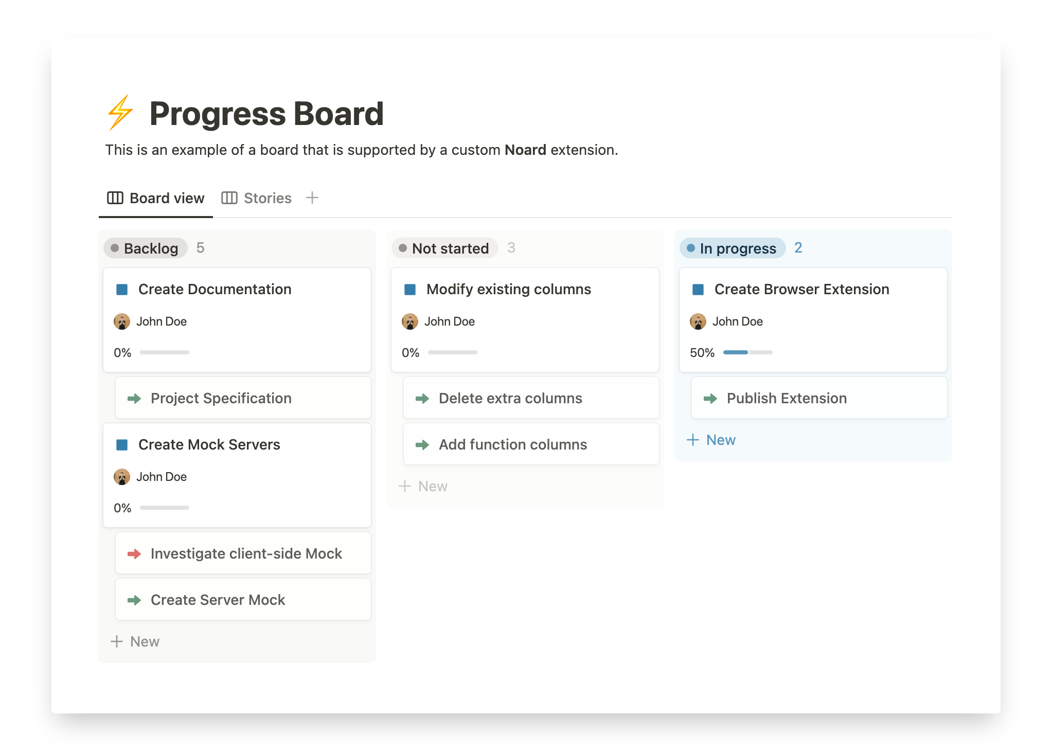 Notion board with Noard running