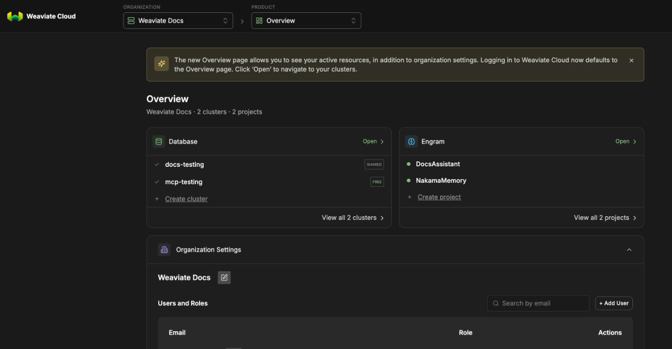 Real screenshot from Weaviate's official documentation showing the Weaviate Cloud console overview page