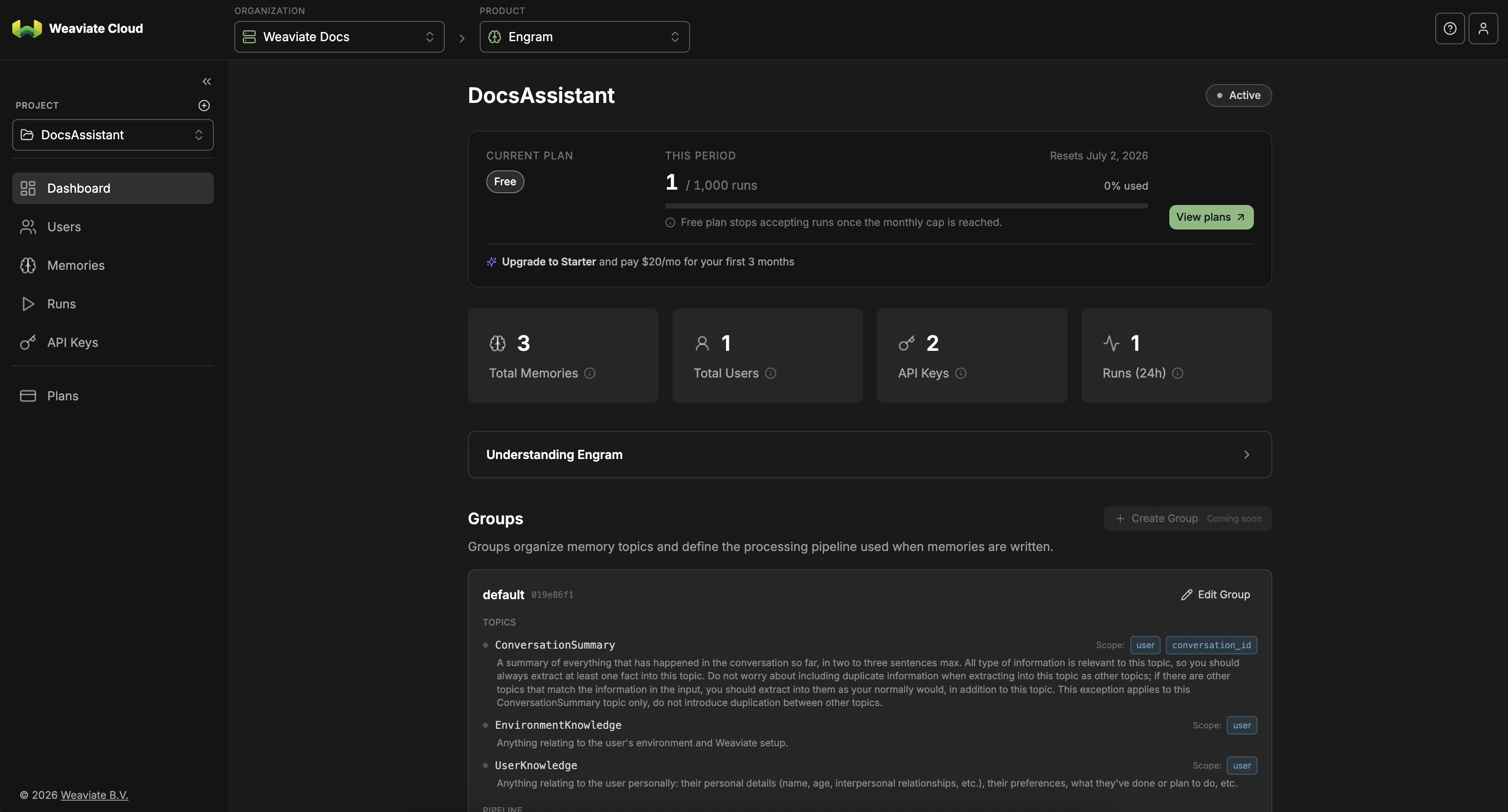 Real screenshot of the Engram console dashboard from Weaviate's official documentation