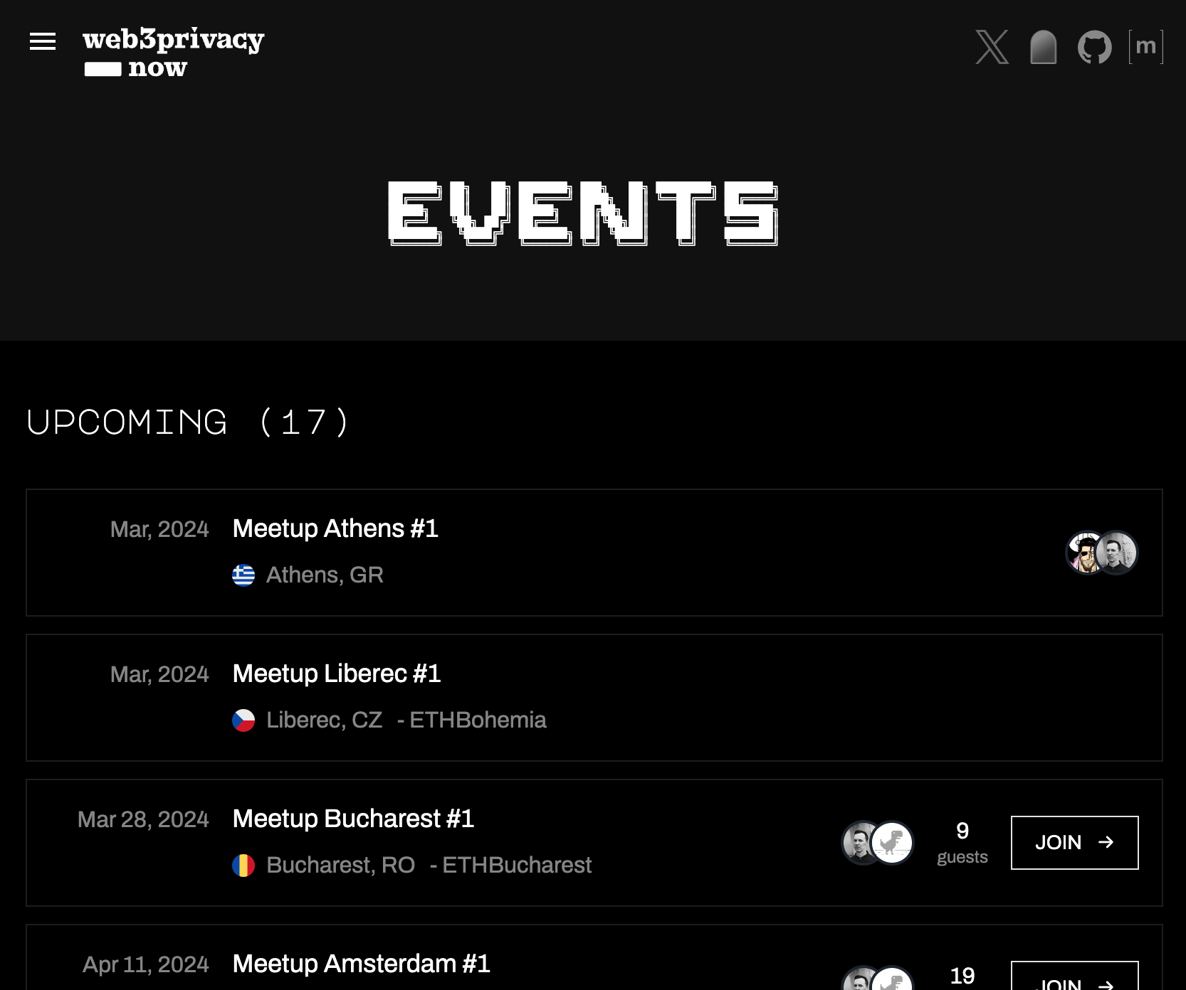 screenshot of Events webpage