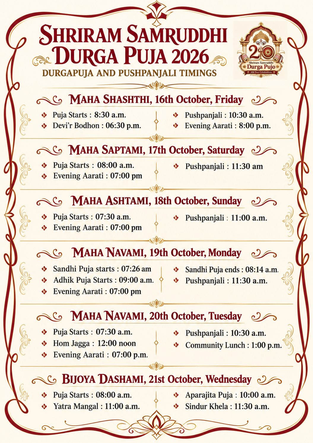 Durga Puja 2026 Schedule Poster — Shriram Samruddhi