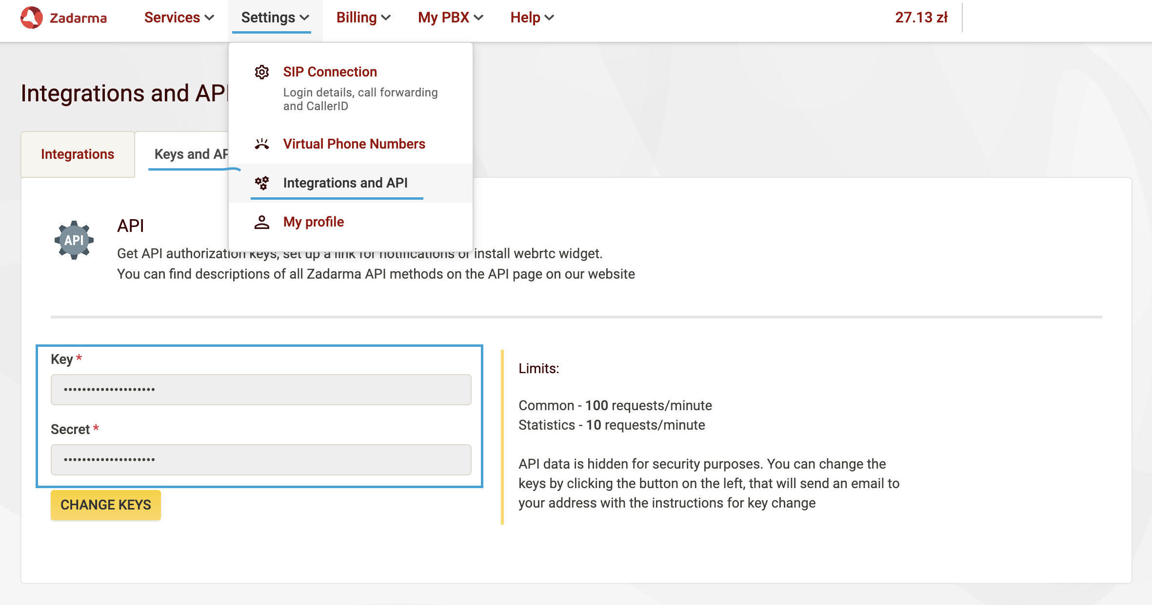 Zadarma API Keys