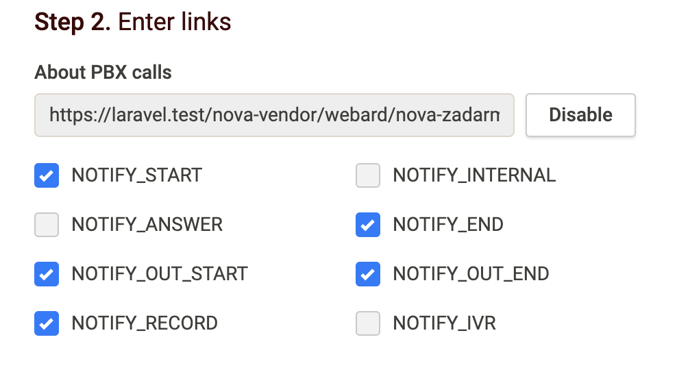 Zadarma Notifications Settings