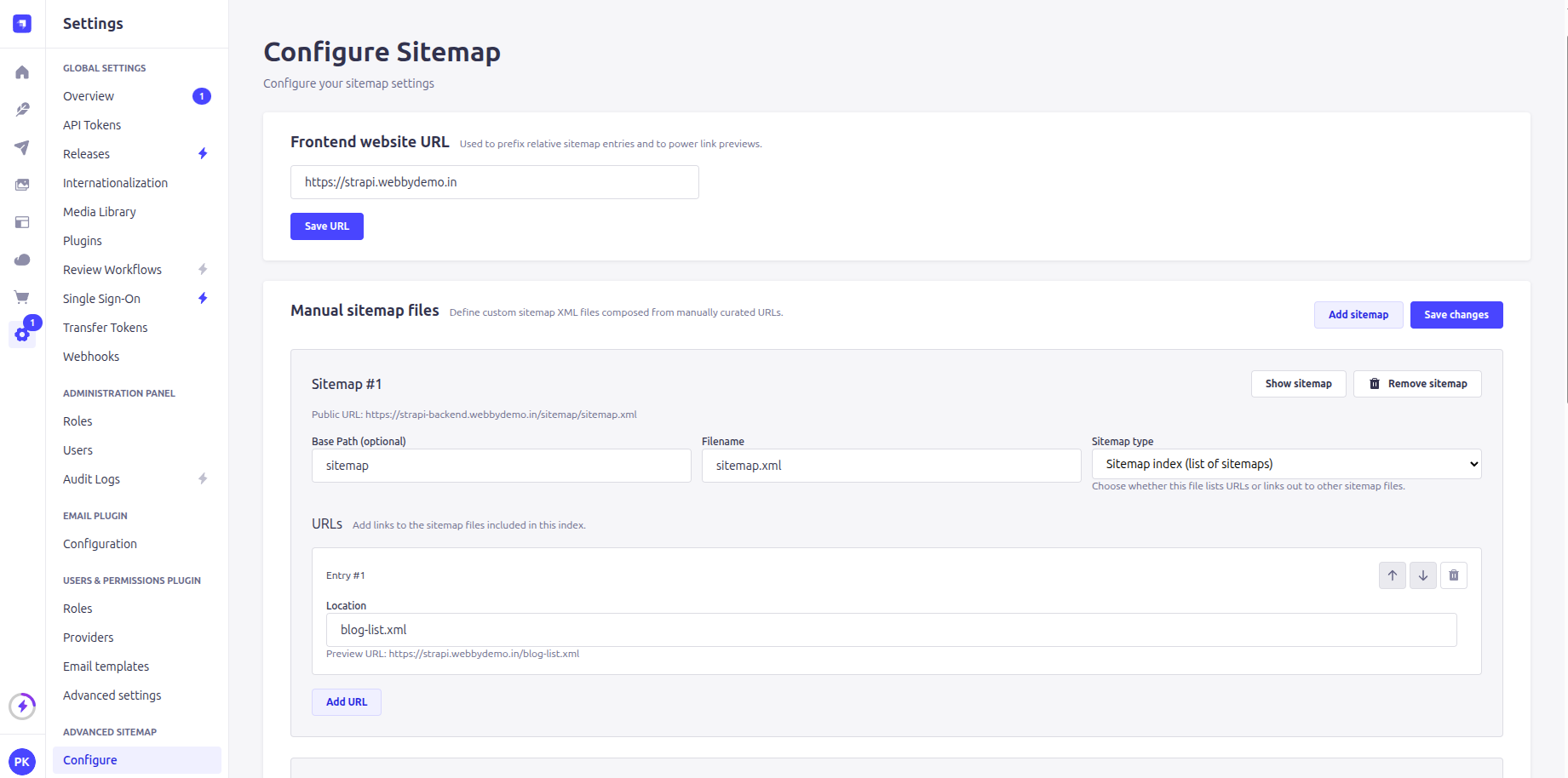Manual Sitemap Settings (Sitemap Index)