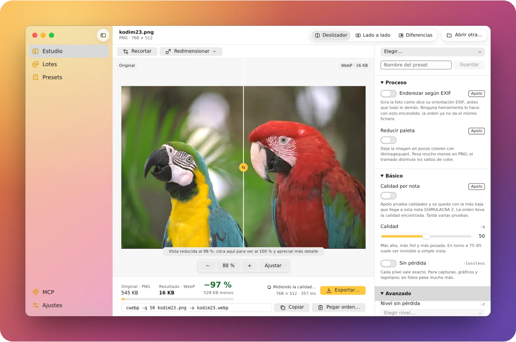 Apolo en macOS: el Estudio compara el original con el resultado