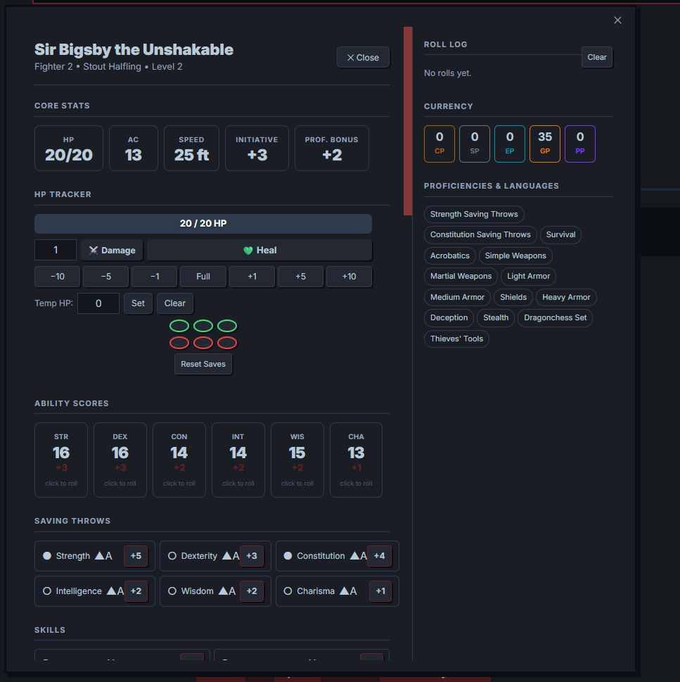 Interactive character sheet