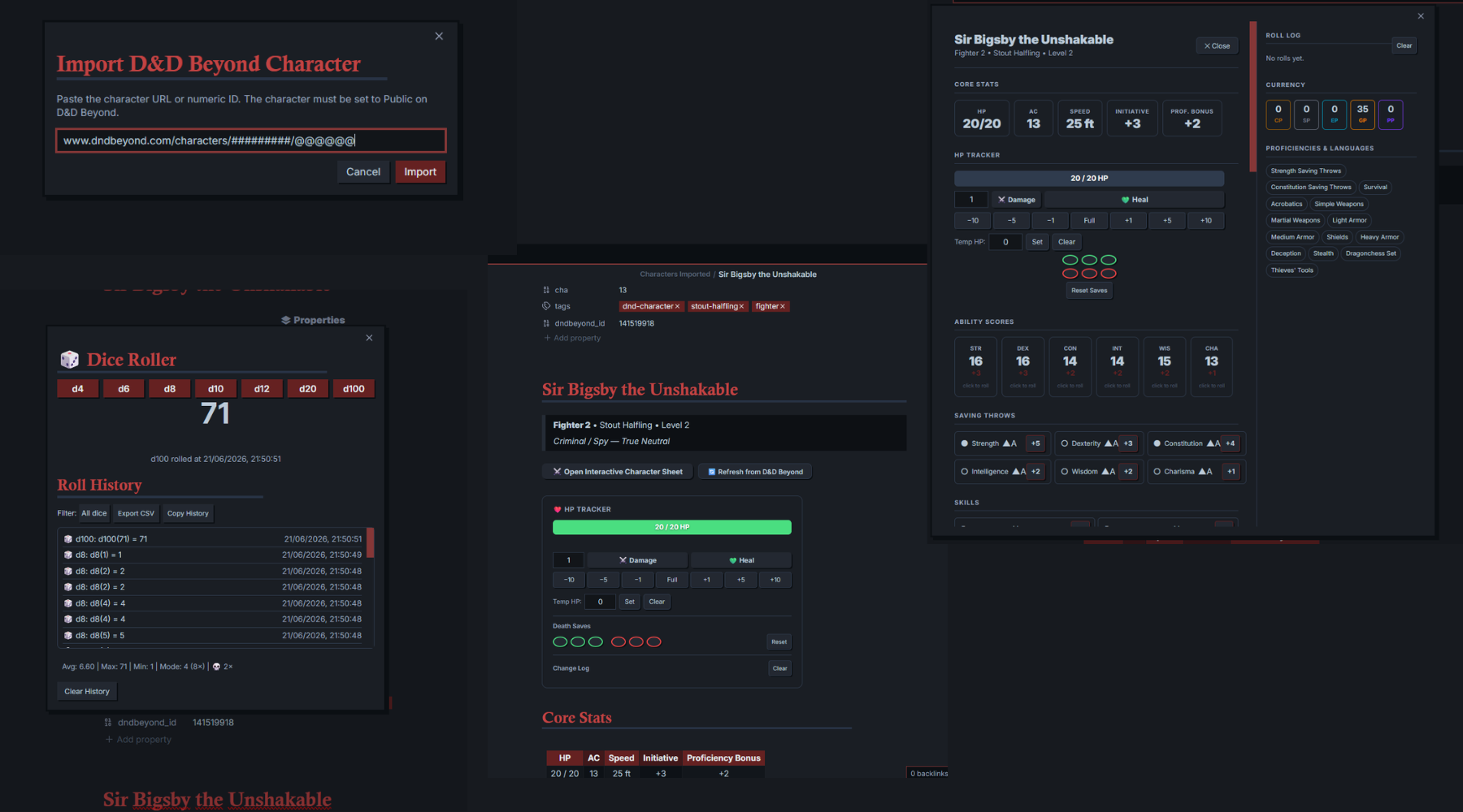 Importer, character sheet, dice roller and interactive character sheet.