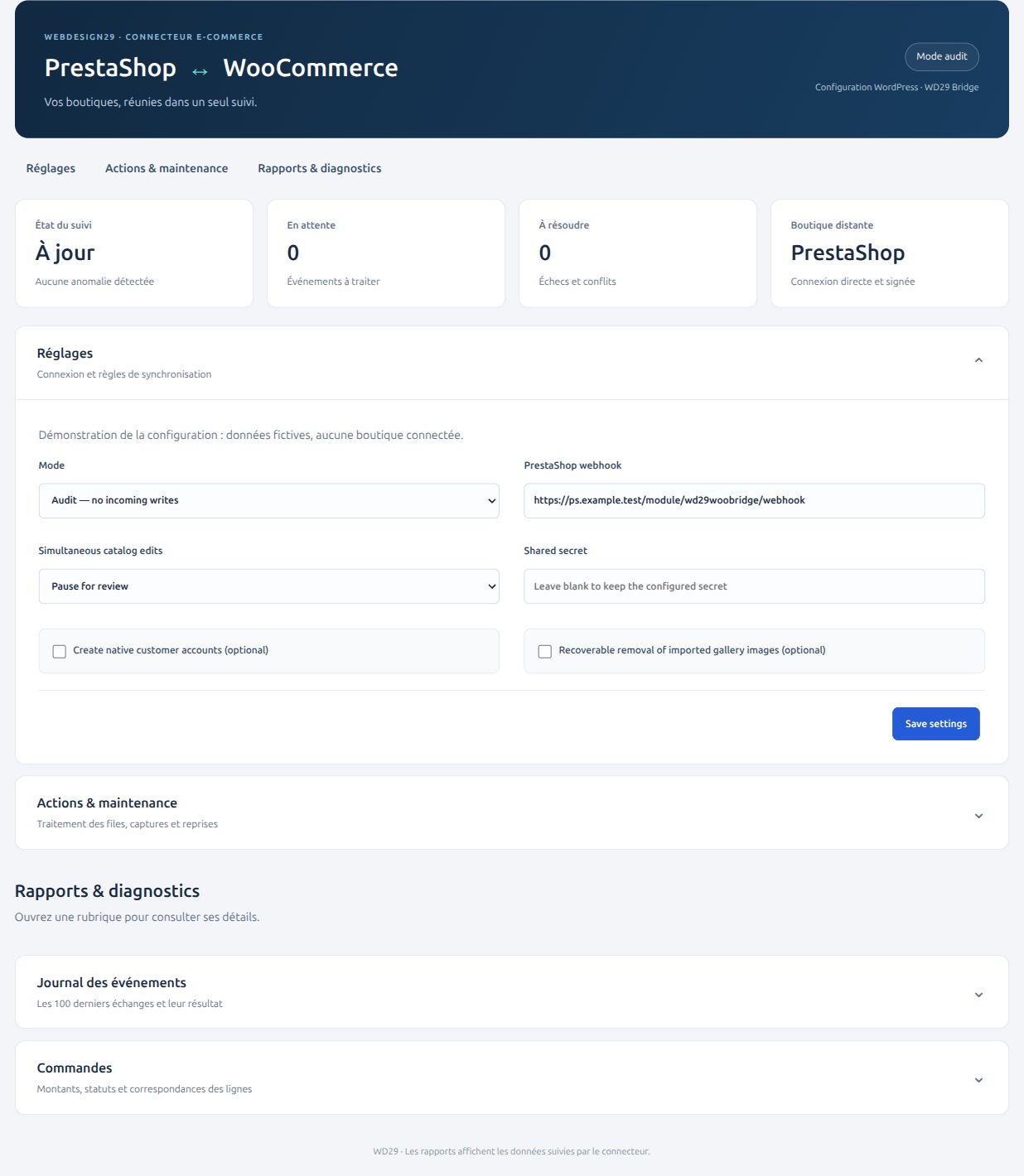 Configuration WD29 côté WooCommerce : indicateurs, réglages et rapports repliables