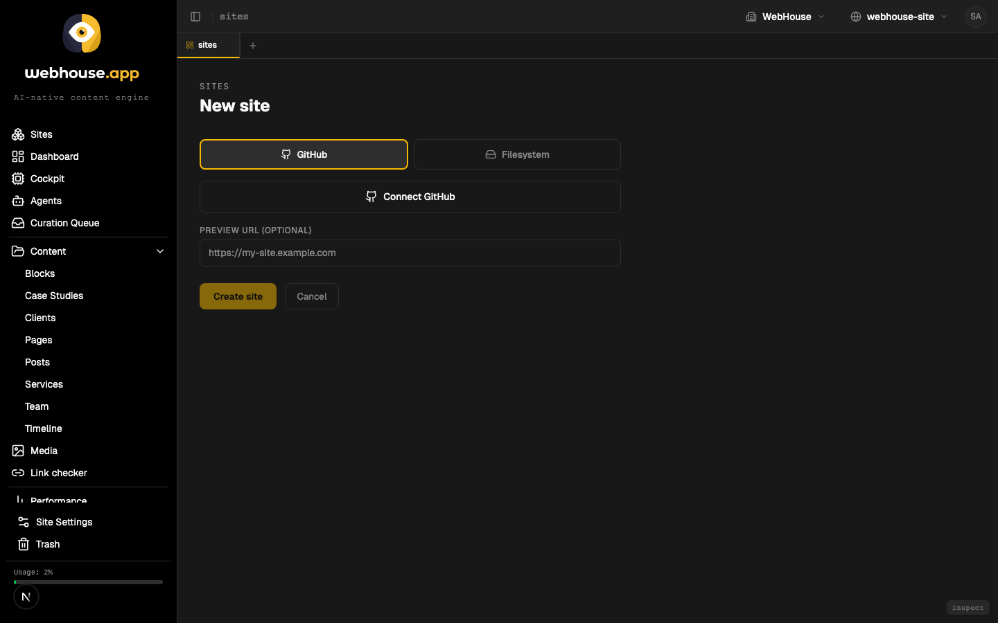 New site wizard