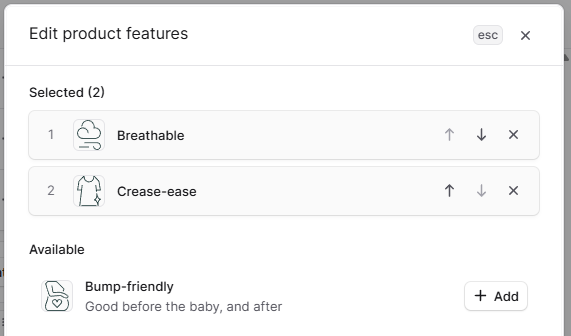 Assigning and ordering features on a product