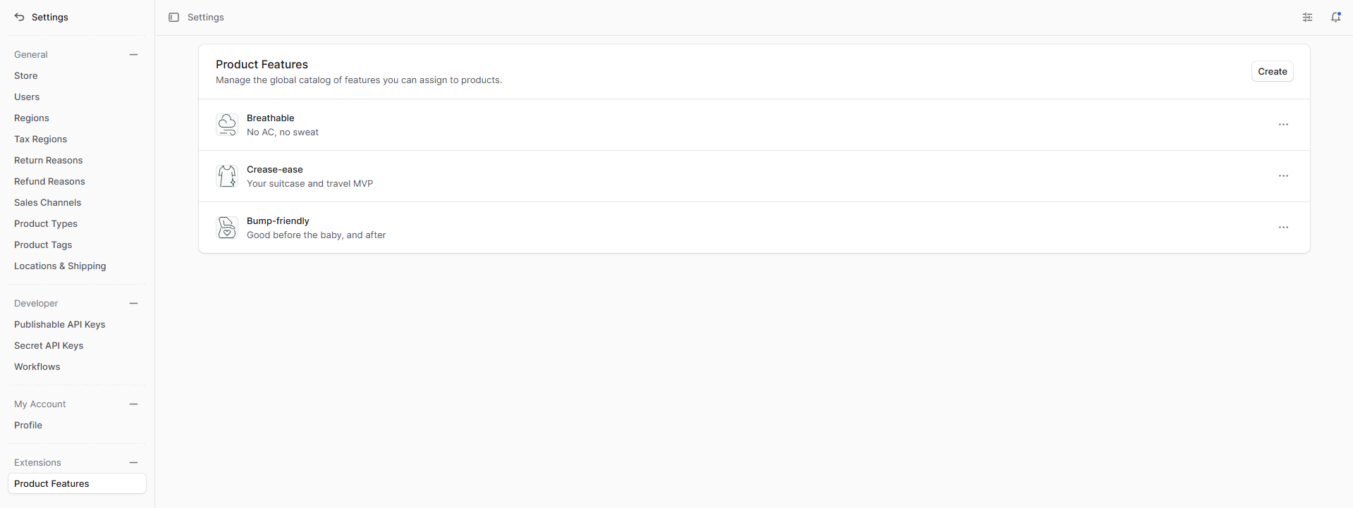 Global feature catalog under Settings