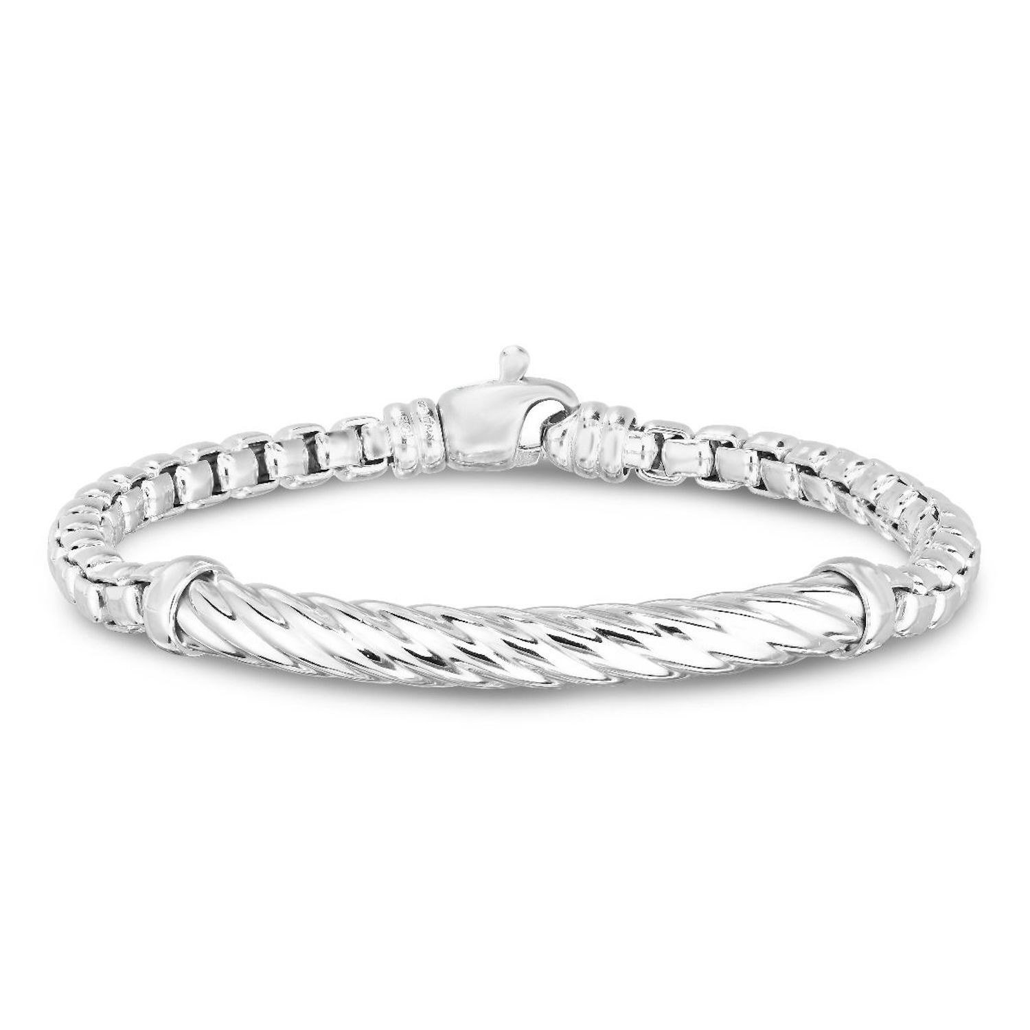 Solid Sterling Silver Italian Cable Bar Round Box Men's Bracelet