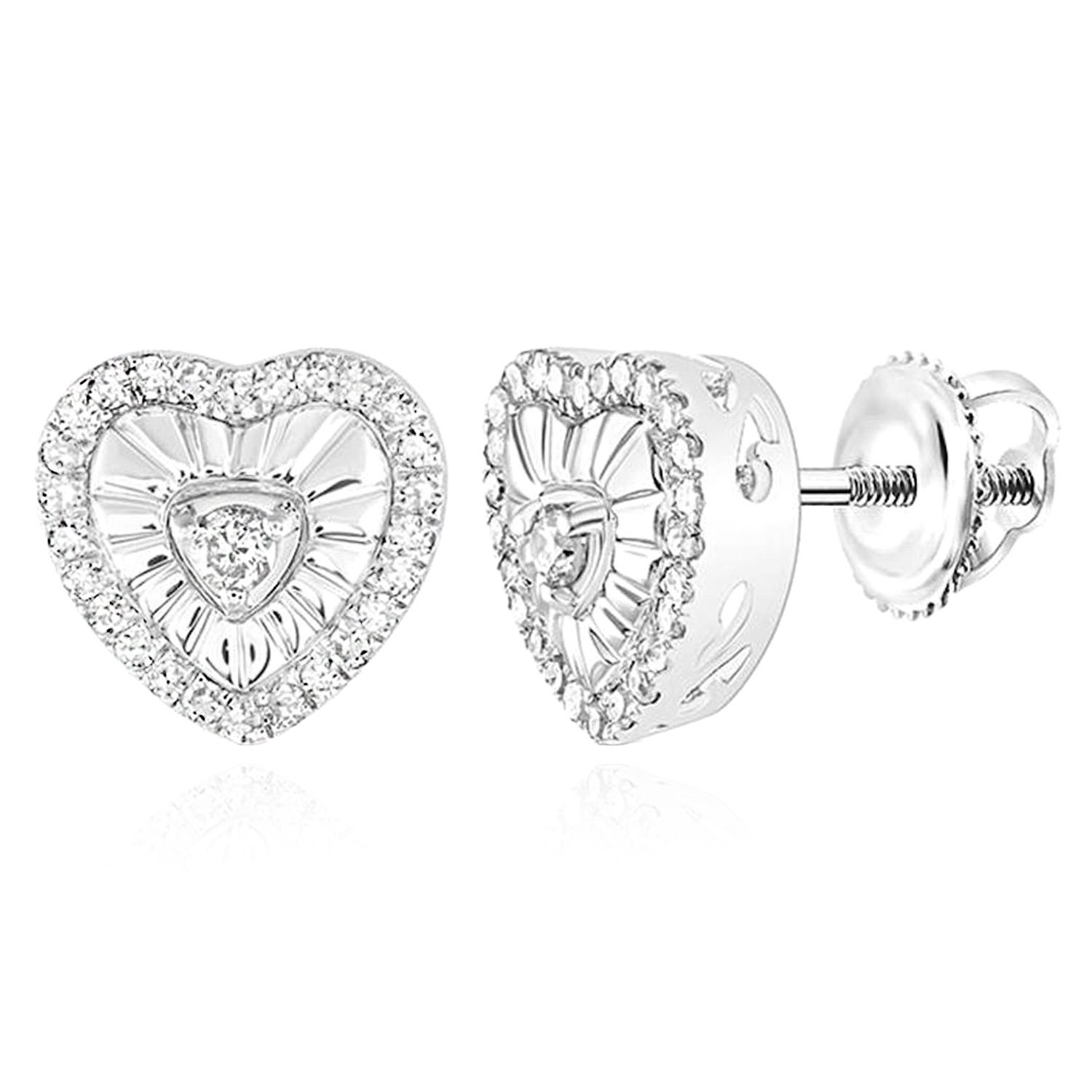 Natural Diamond Sterling Silver Heart Stud Screw Back Earrings