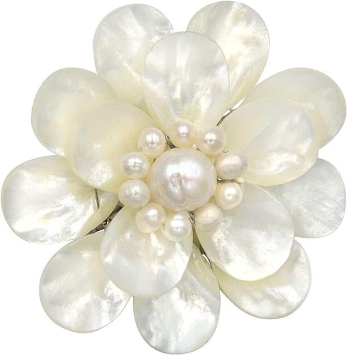 Pure Lotus White Mother of Pearl & Cultured Freshwater White Pearl Floral Pin or Brooch