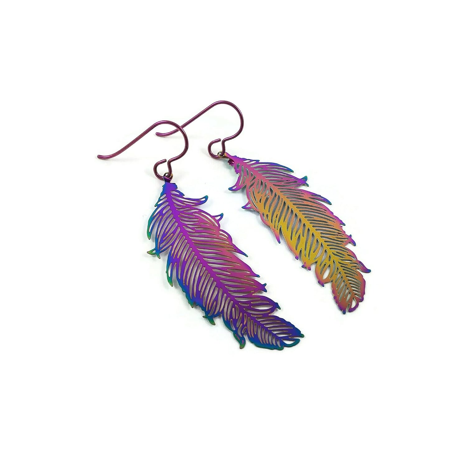 Rainbow feather dangle niobium earrings