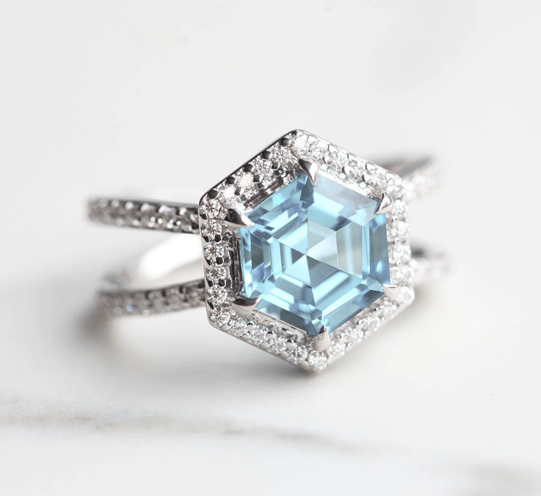 Ambrosia Hexagon Aquamarine Diamond Ring