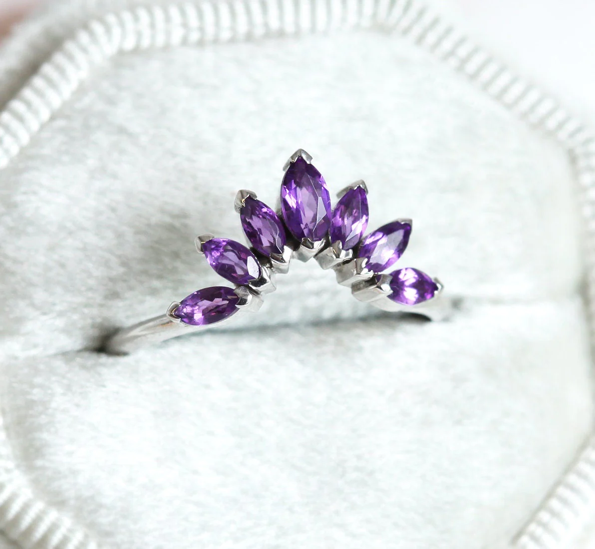 Amethyst Wedding Band With Marquise Leaf Crown