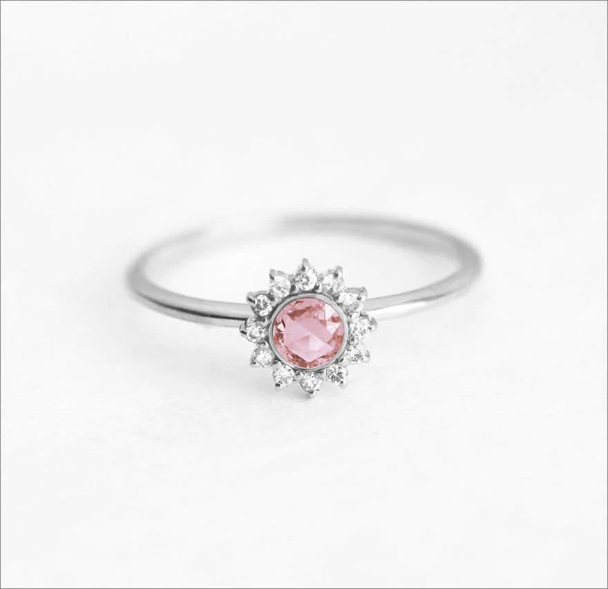 Dainty Peach Pink Sapphire Diamond Ring