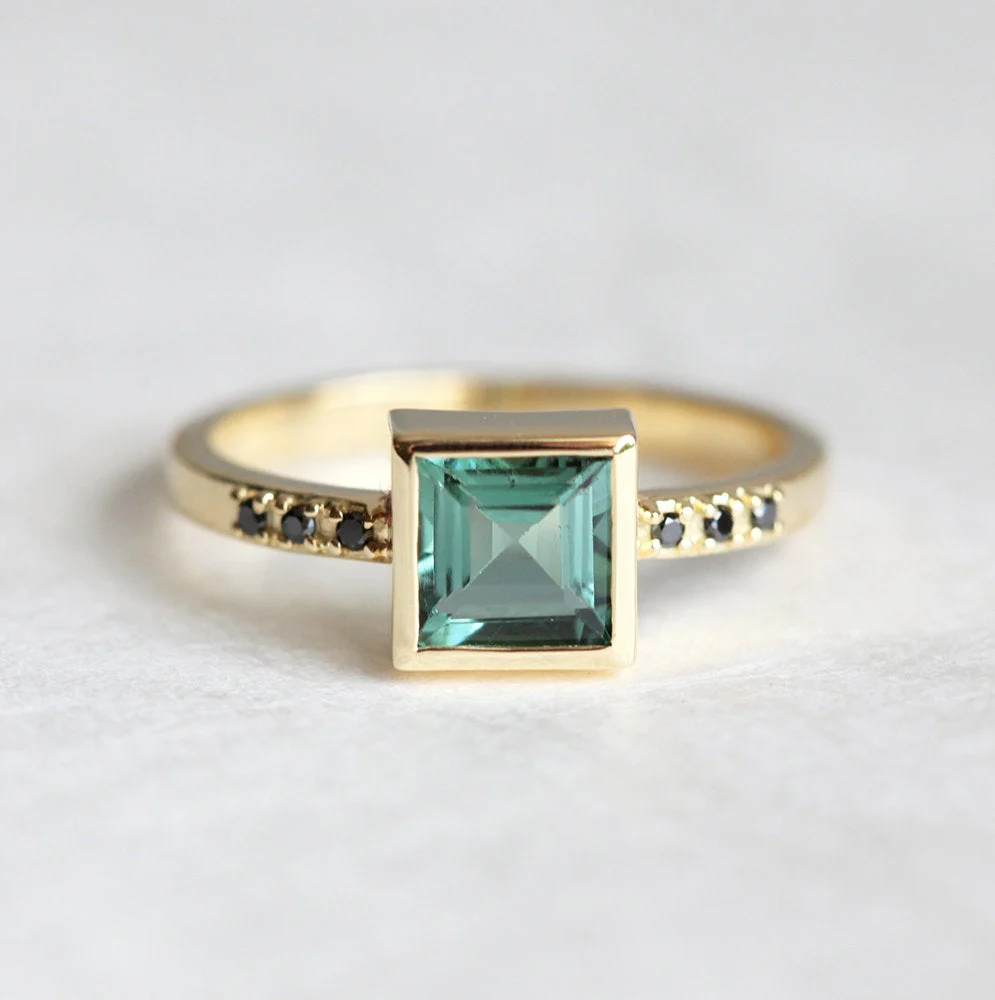 Green Tourmaline Ring With Black Diamonds