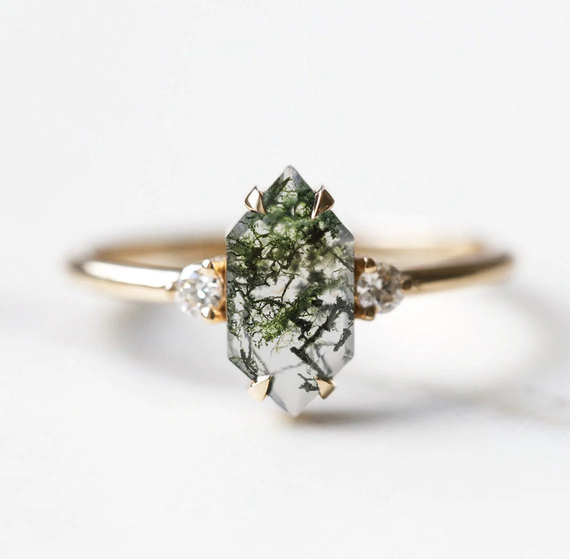 Hayley Hexagon Moss Agate Ring With Diamonds