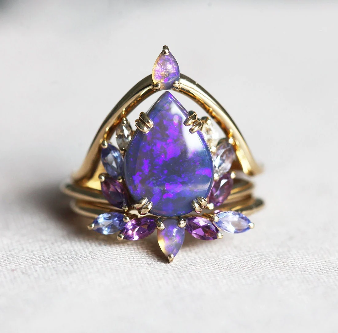 Raiven Pear Black opal Ring Set