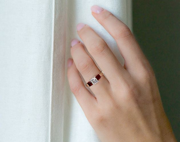  Three Stone Princess Shaped Ruby Engagement Ring