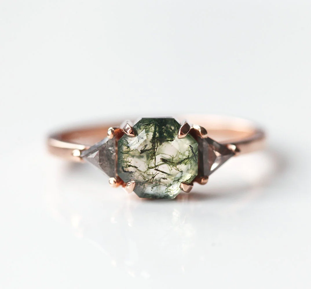 Sasha Octagon Moss Agate Salt Pepper Diamond Ring