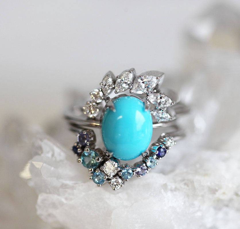 Turquoise Wave Unique Engagement Ring Set