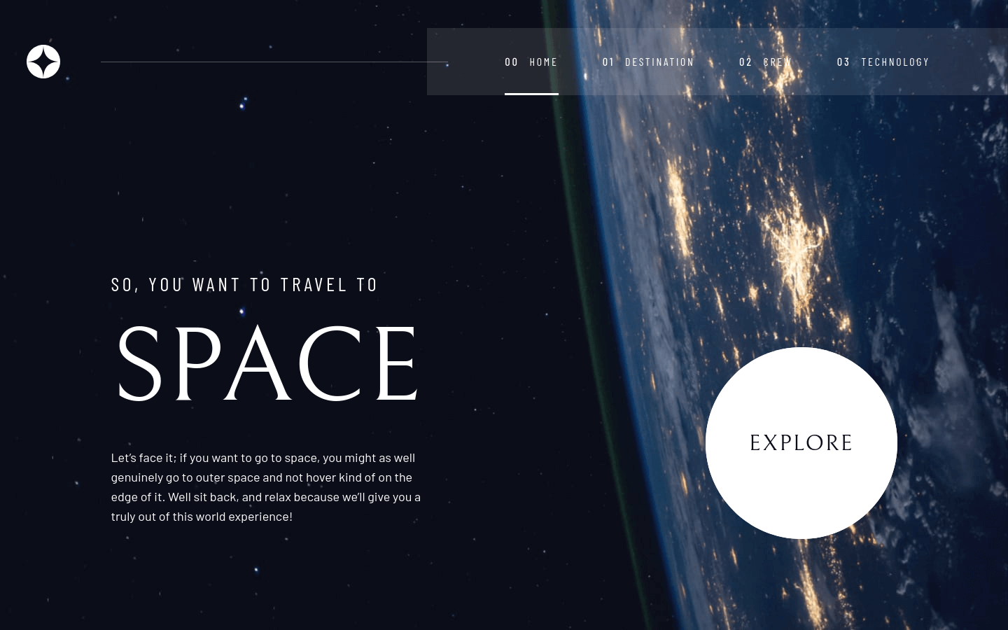 screenshot of the space tourism home page