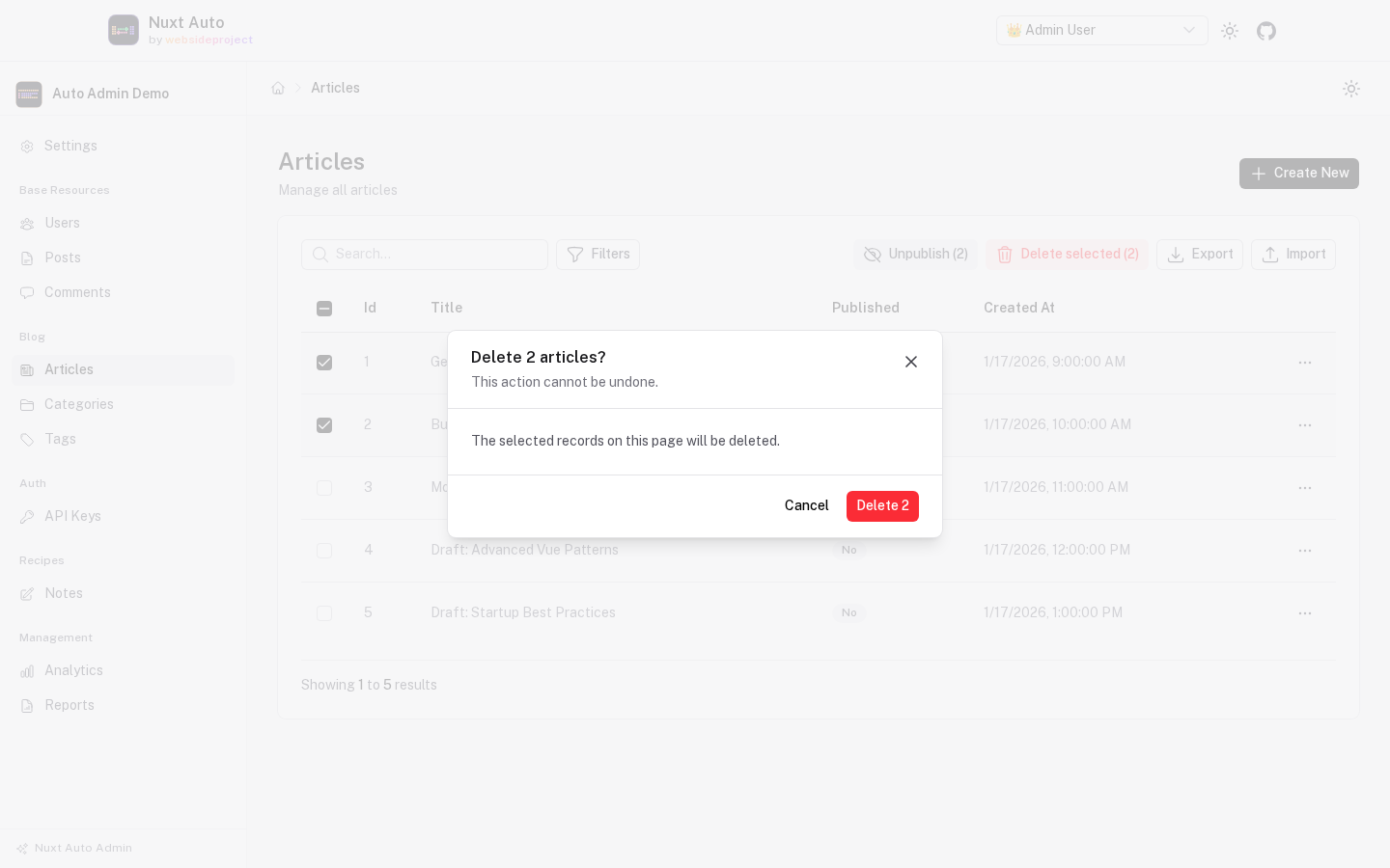 Two rows selected and the bulk delete confirmation open