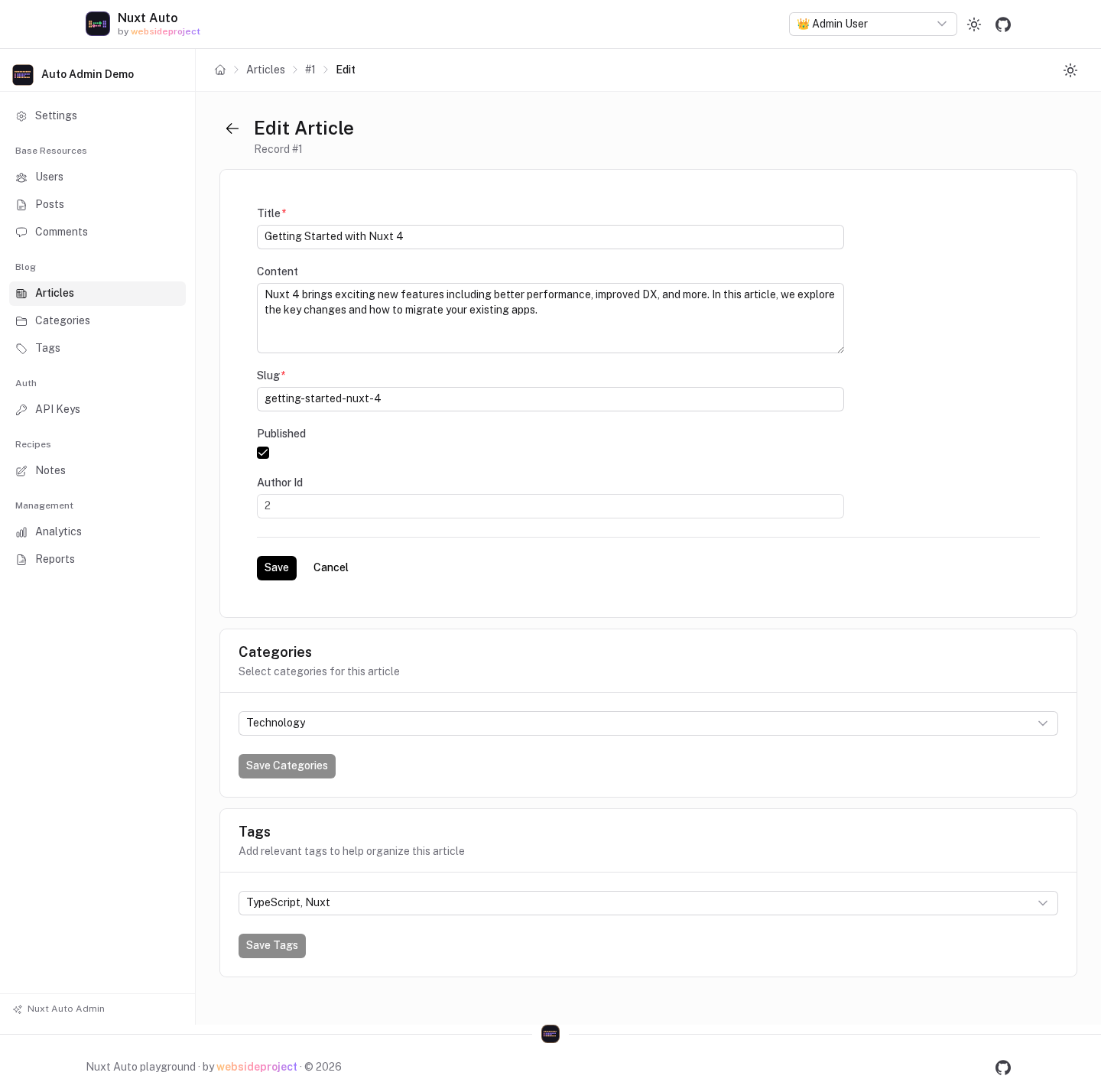 The edit form of article #1 with Categories and Tags many-to-many cards