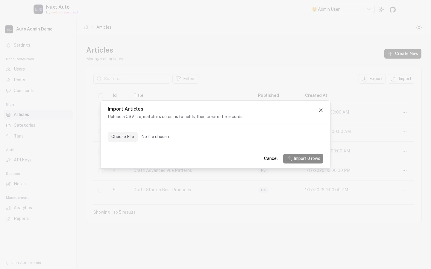 The import dialog: upload a CSV, match its columns to fields, create the records