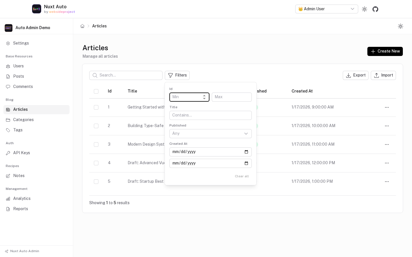 The Filters popover: an Id range, a Title contains box, a Published select and a Created At date range
