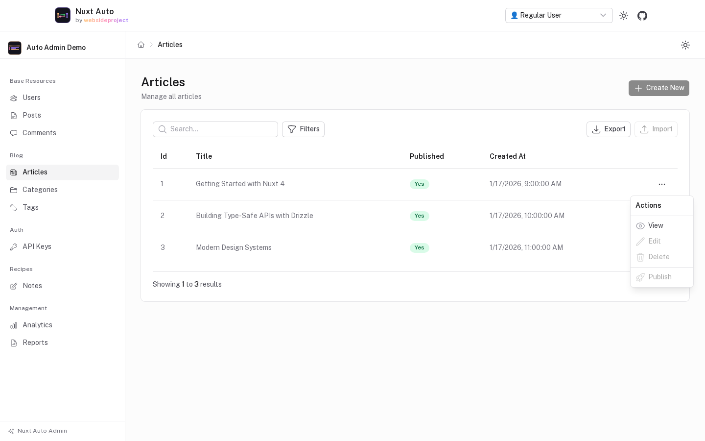 The list as a regular user: drafts hidden, Create and Delete disabled, Edit and Delete disabled in the row menu