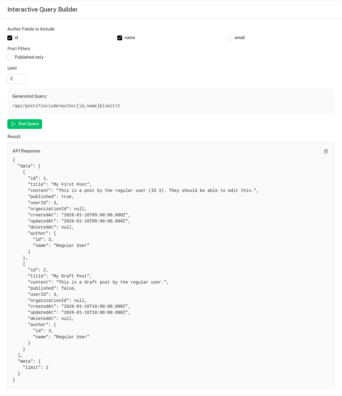 The include builder: author fields id and name, limit 2, the query /api/posts?include=author[id,name]&limit=2 and its response