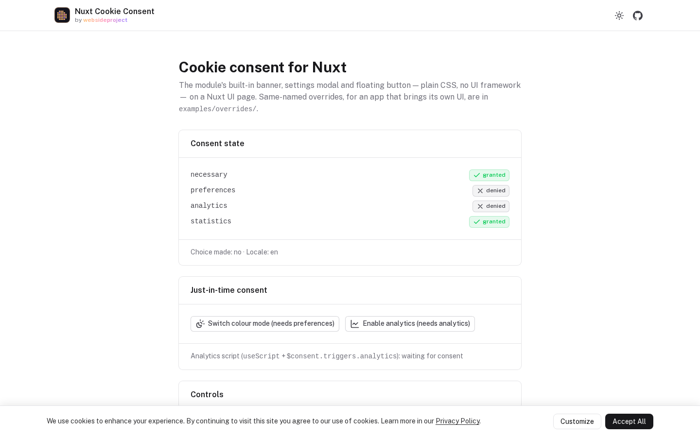 The consent banner at the bottom of the page, with Customize and Accept All