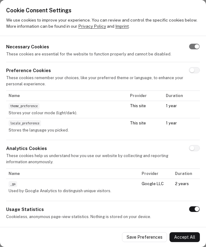 The settings modal with Necessary, Preference and Analytics cookie categories and a cookieless Usage Statistics toggle